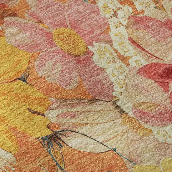 Orange Ivory And Pink Floral Washable Area Rug With UV Protection Photo 9