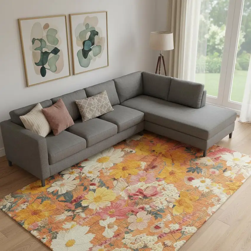 Orange Ivory And Pink Floral Washable Area Rug With UV Protection Photo 2