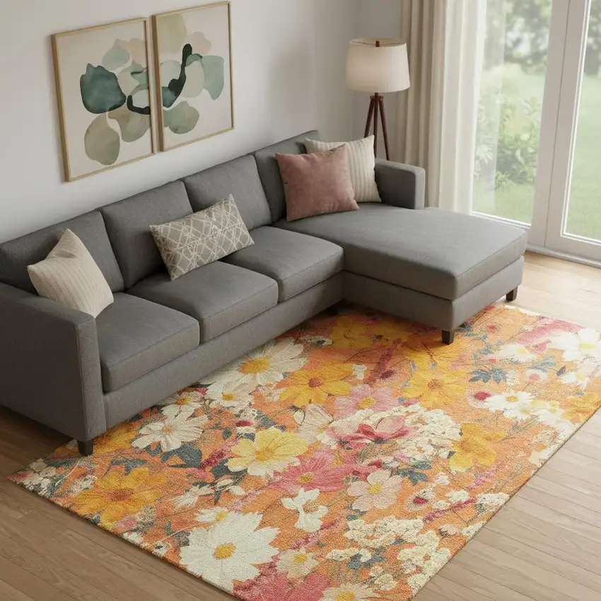 Orange Ivory And Pink Floral Washable Area Rug With UV Protection Photo 2