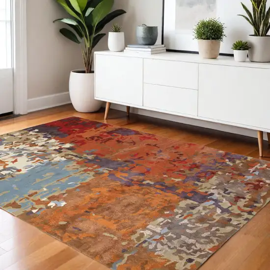 Orange Ivory And Teal Abstract Hand Tufted Area Rug Photo 7