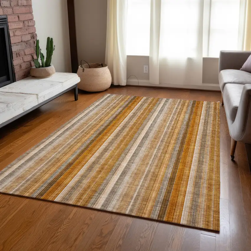 Orange Ivory and Gray Striped Washable Non Skid Indoor Outdoor Area Rug Photo 9
