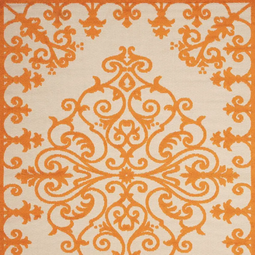 Orange And Ivory Damask Indoor Outdoor Area Rug Photo 6