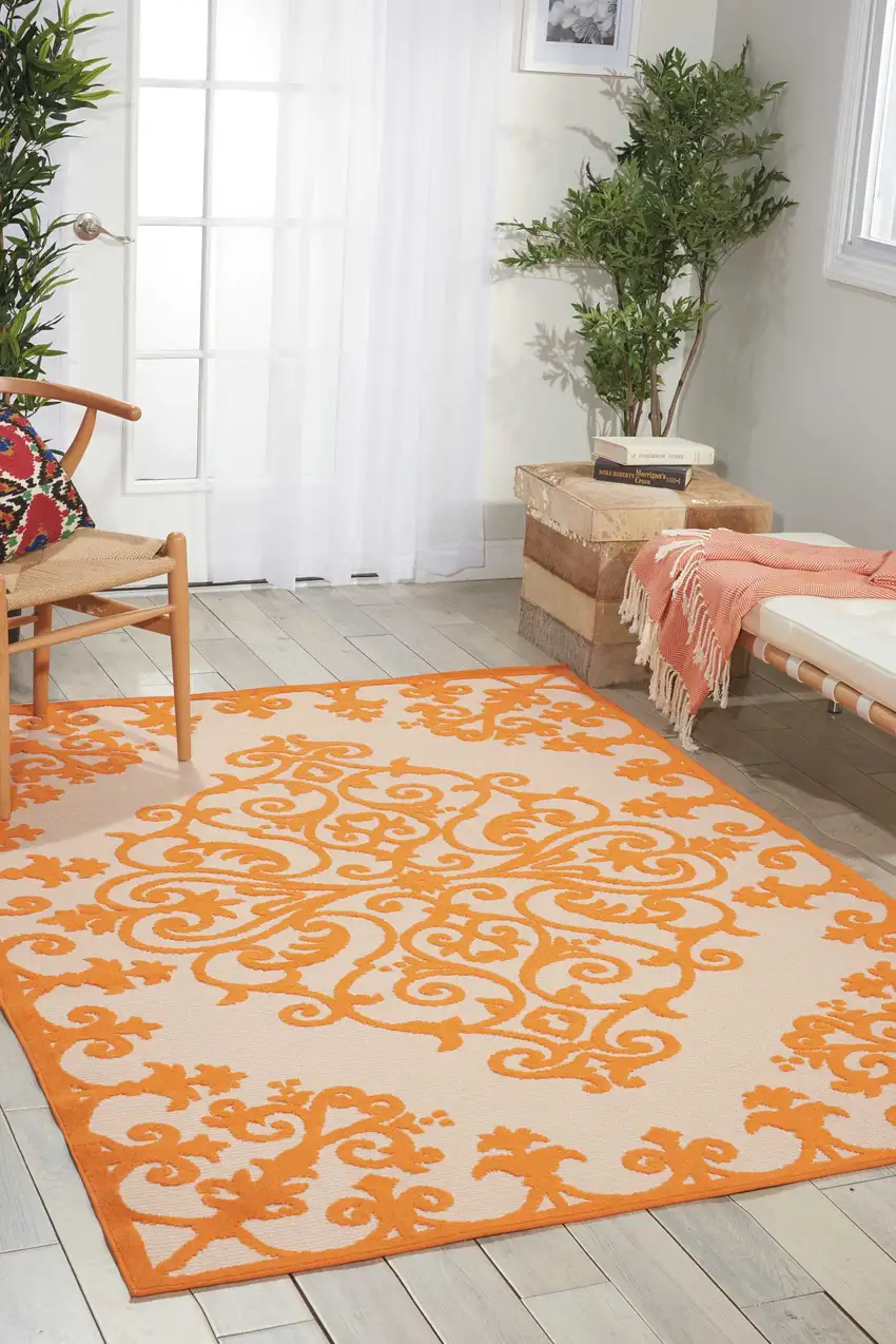 Orange And Ivory Damask Indoor Outdoor Area Rug Photo 6