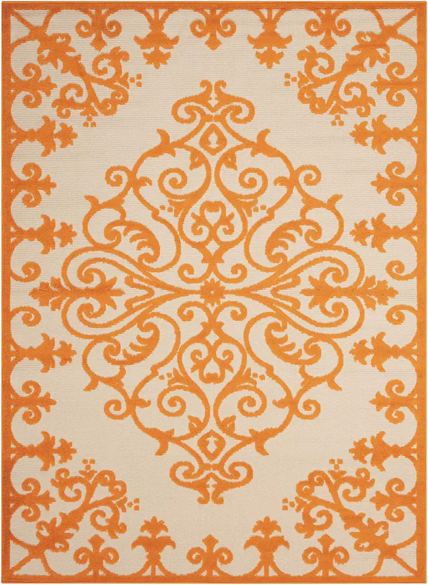 Orange And Ivory Damask Indoor Outdoor Area Rug Photo 2