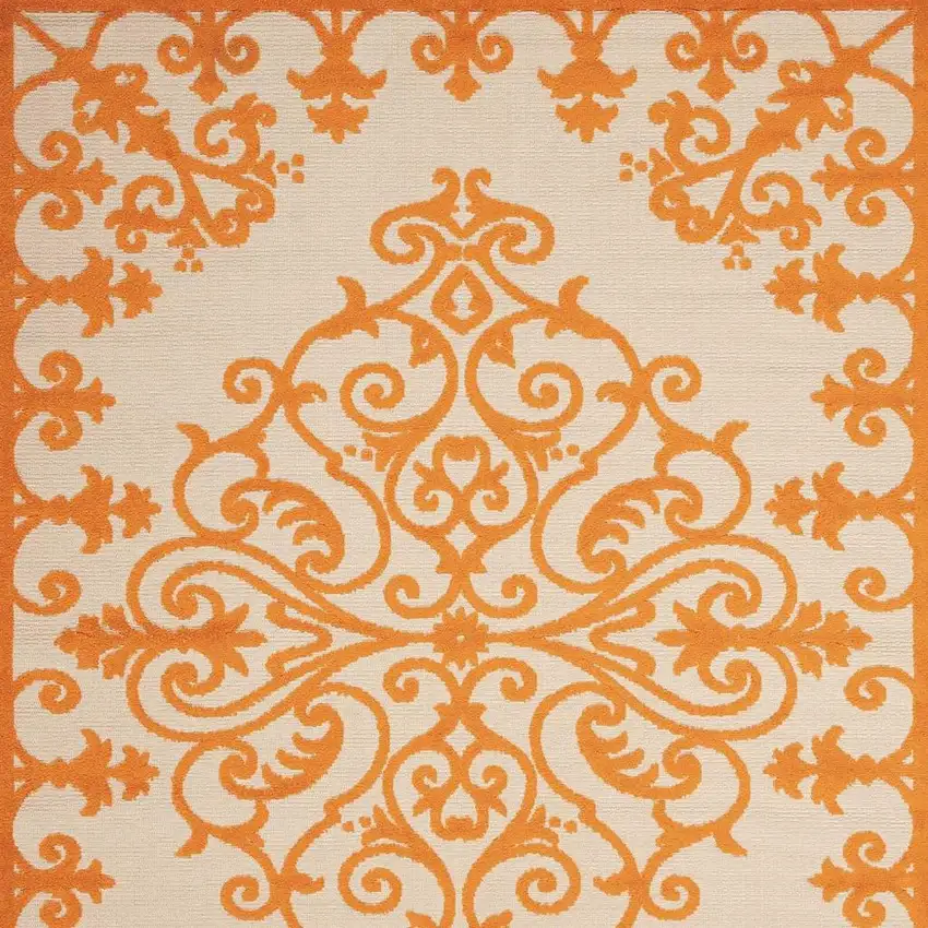 Orange And Ivory Damask Indoor Outdoor Area Rug Photo 6