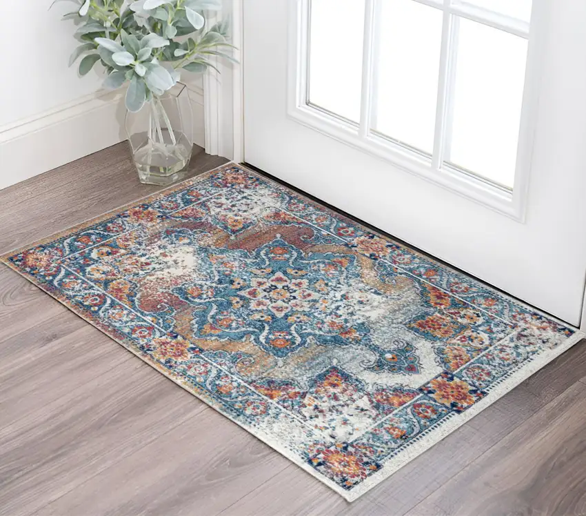 Blue Red and Orange Medallion Power Loom Area Rug Photo 1