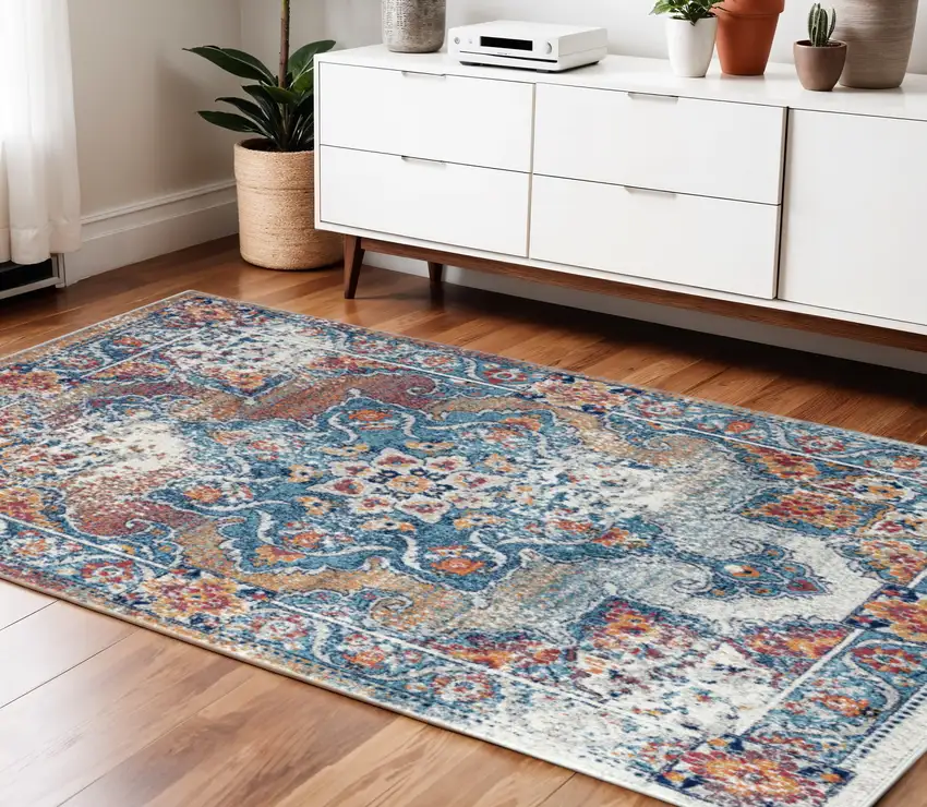 Blue Red and Orange Medallion Power Loom Area Rug Photo 1