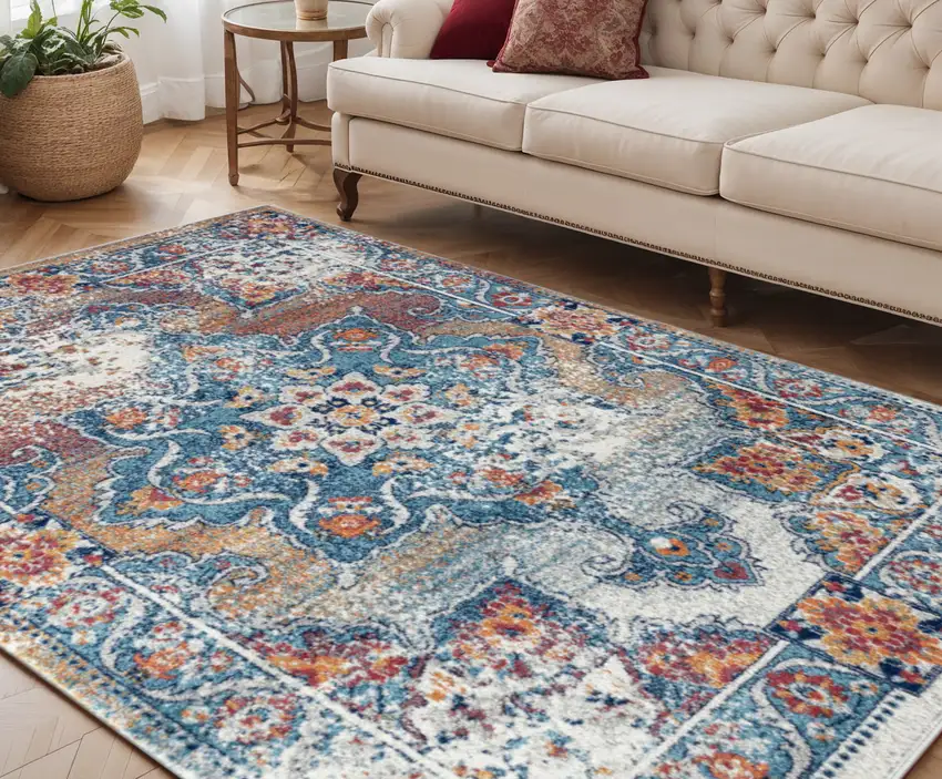 Blue Red and Orange Medallion Power Loom Area Rug Photo 1