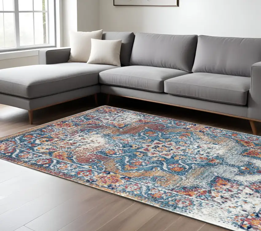 Blue Red and Orange Medallion Power Loom Area Rug Photo 1
