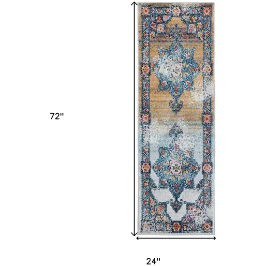 6' Blue Red and Orange Medallion Power Loom Runner Rug Photo 3