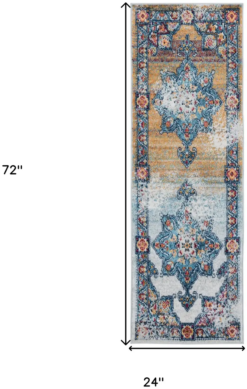 6' Blue Red and Orange Medallion Power Loom Runner Rug Photo 3