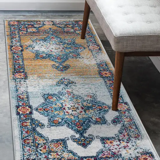 6' Blue Red and Orange Medallion Power Loom Runner Rug Photo 6