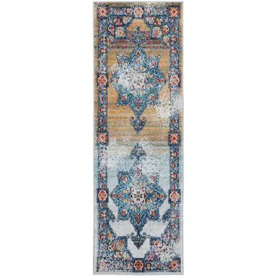 6' Blue Red and Orange Medallion Power Loom Runner Rug Photo 2