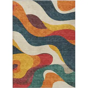 Photo of Orange Navy Blue And Ivory Abstract Washable Indoor Outdoor Area Rug