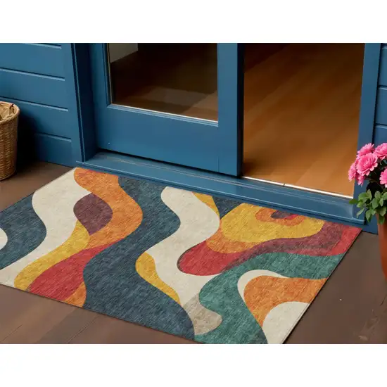 Orange Navy Blue And Ivory Abstract Washable Indoor Outdoor Area Rug Photo 2