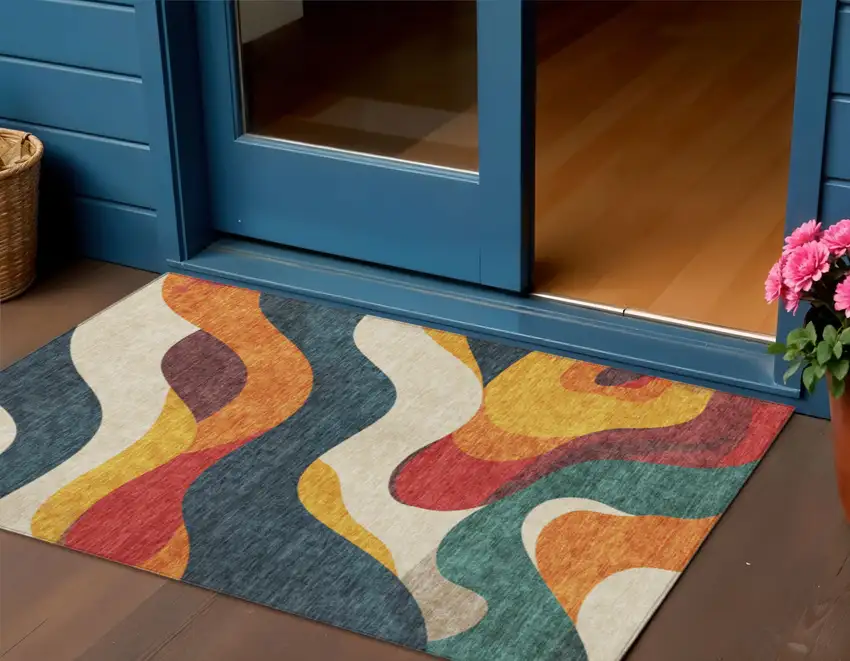 Orange Navy Blue And Ivory Abstract Washable Indoor Outdoor Area Rug Photo 2