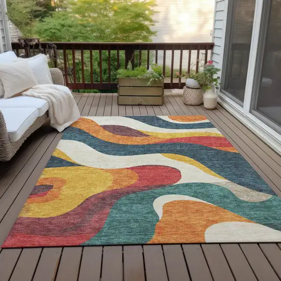 Orange Navy Blue And Ivory Abstract Washable Indoor Outdoor Area Rug Photo 8