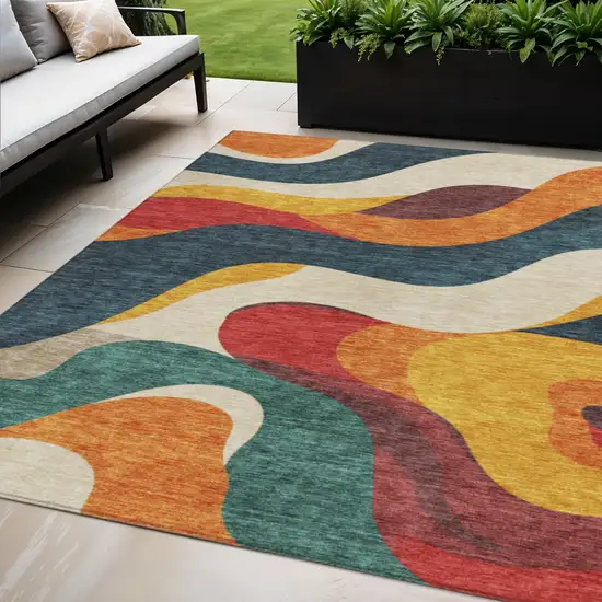 Orange Navy Blue And Ivory Abstract Washable Indoor Outdoor Area Rug Photo 2