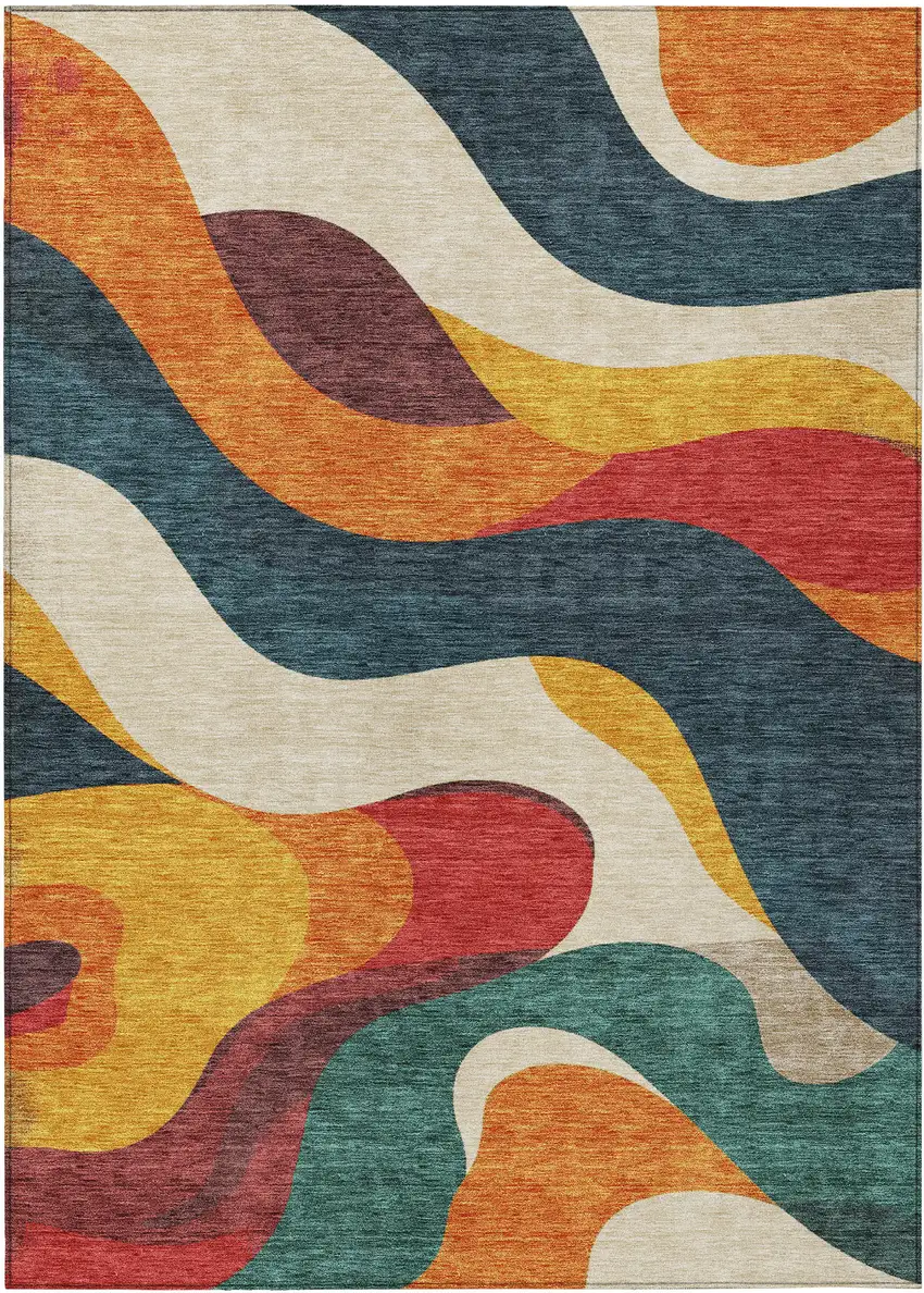 Orange Navy Blue And Ivory Abstract Washable Indoor Outdoor Area Rug Photo 3