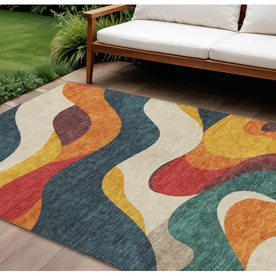 Orange Navy Blue And Ivory Abstract Washable Indoor Outdoor Area Rug Photo 2