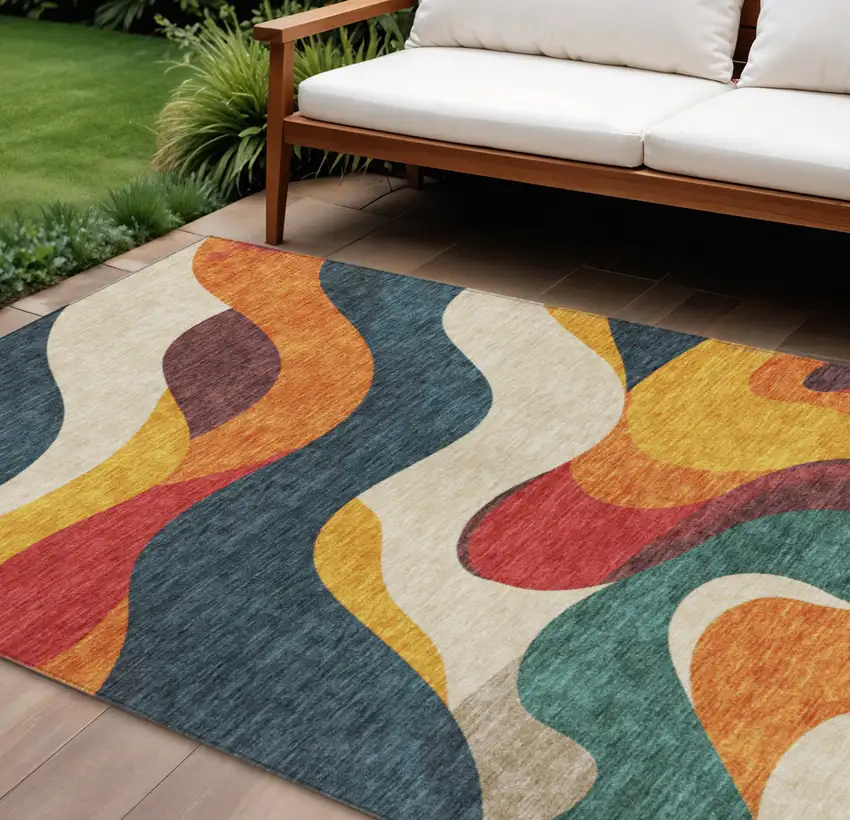 Orange Navy Blue And Ivory Abstract Washable Indoor Outdoor Area Rug Photo 2