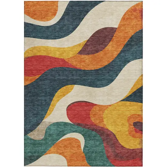 Orange Navy Blue And Ivory Abstract Washable Indoor Outdoor Area Rug Photo 4