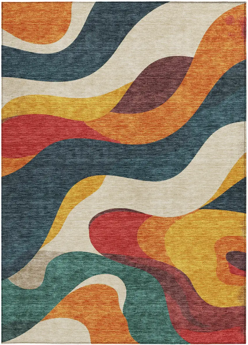 Orange Navy Blue And Ivory Abstract Washable Indoor Outdoor Area Rug Photo 4