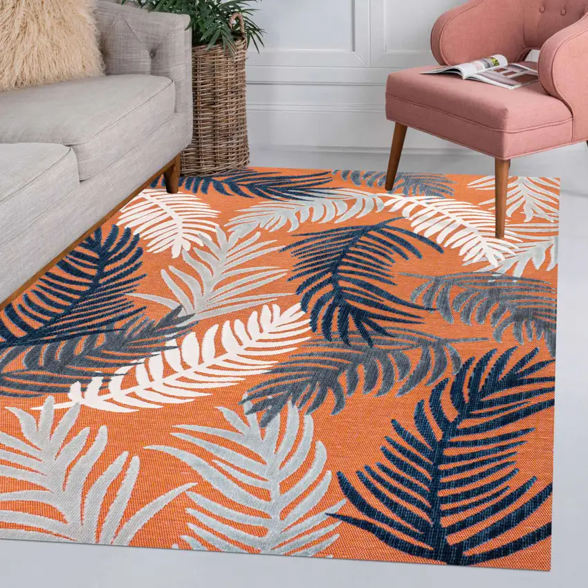 Orange Navy Blue And Ivory Floral Indoor Outdoor Area Rug Photo 9