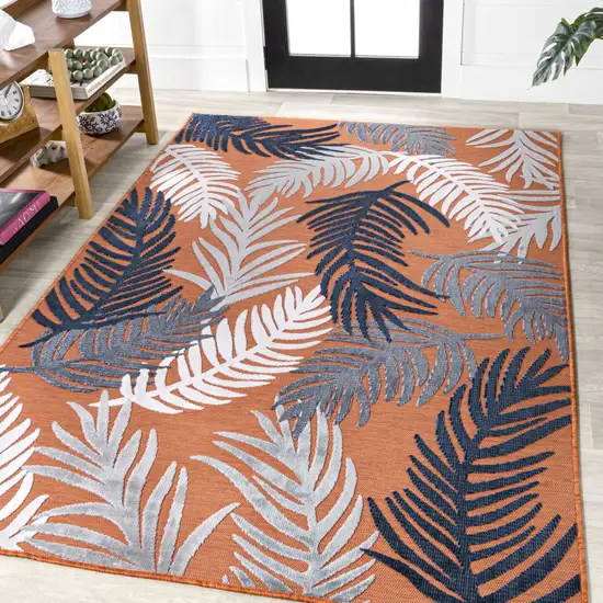 Orange Navy Blue And Ivory Floral Indoor Outdoor Area Rug Photo 5