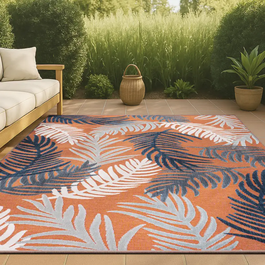 Orange Navy Blue And Ivory Floral Indoor Outdoor Area Rug Photo 4