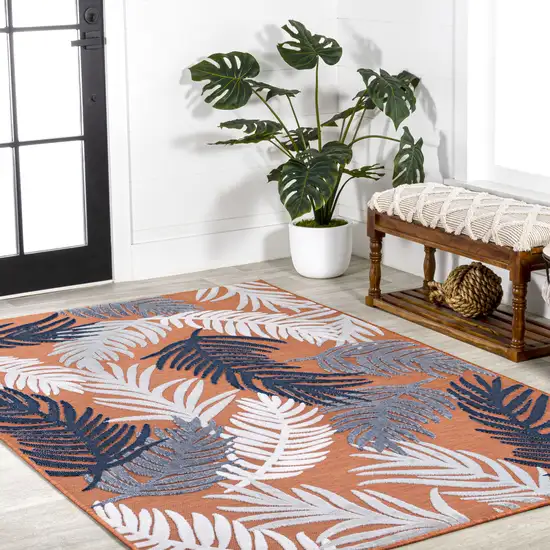 Orange Navy Blue And Ivory Floral Indoor Outdoor Area Rug Photo 8