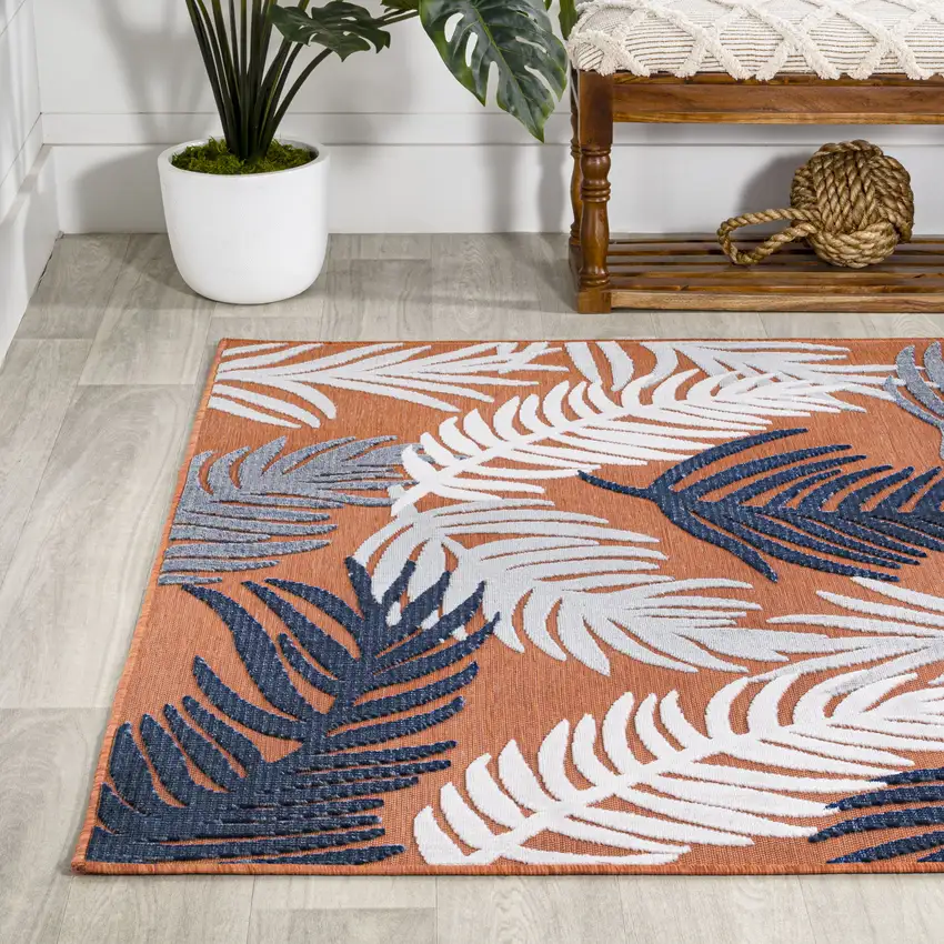 Orange Navy Blue And Ivory Floral Indoor Outdoor Area Rug Photo 6