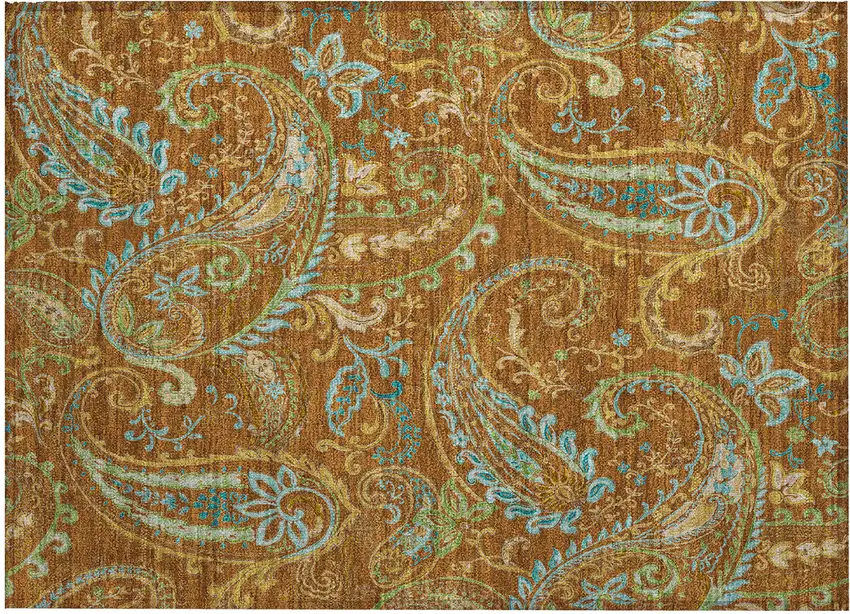 Orange Paisley Washable Non Skid Indoor Outdoor Area Rug Photo 2