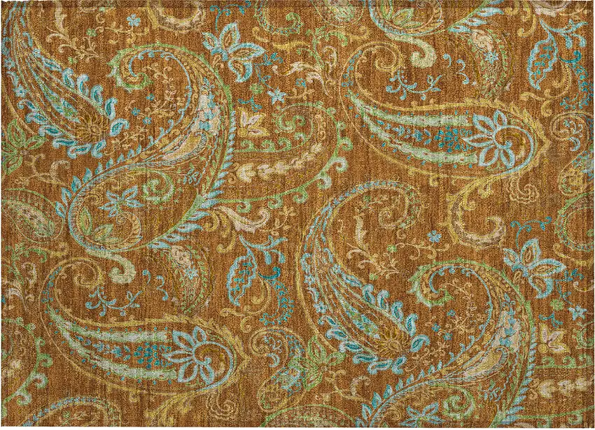 Orange Paisley Washable Non Skid Indoor Outdoor Area Rug Photo 2