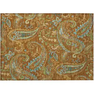 Photo of Orange Paisley Washable Non Skid Indoor Outdoor Area Rug