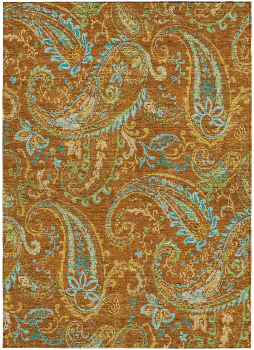 Orange Paisley Washable Non Skid Indoor Outdoor Area Rug Photo 5