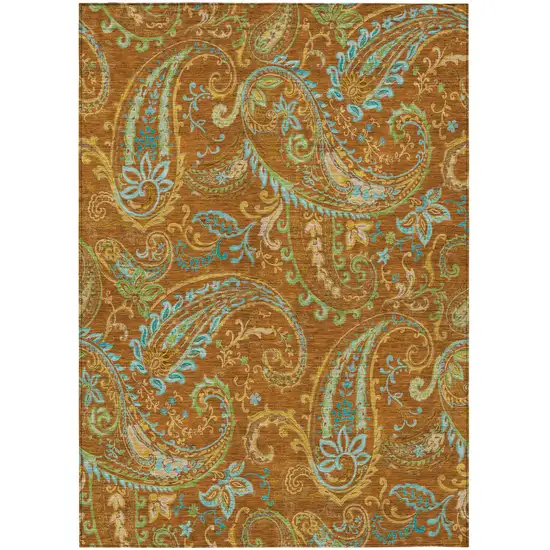 Orange Paisley Washable Non Skid Indoor Outdoor Area Rug Photo 2