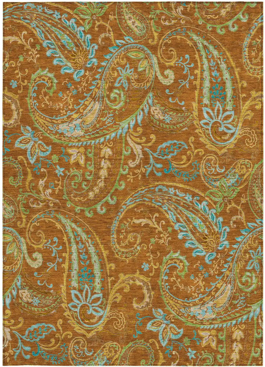 Orange Paisley Washable Non Skid Indoor Outdoor Area Rug Photo 5
