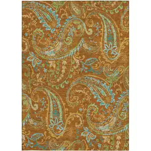 Photo of Orange Paisley Washable Non Skid Indoor Outdoor Area Rug