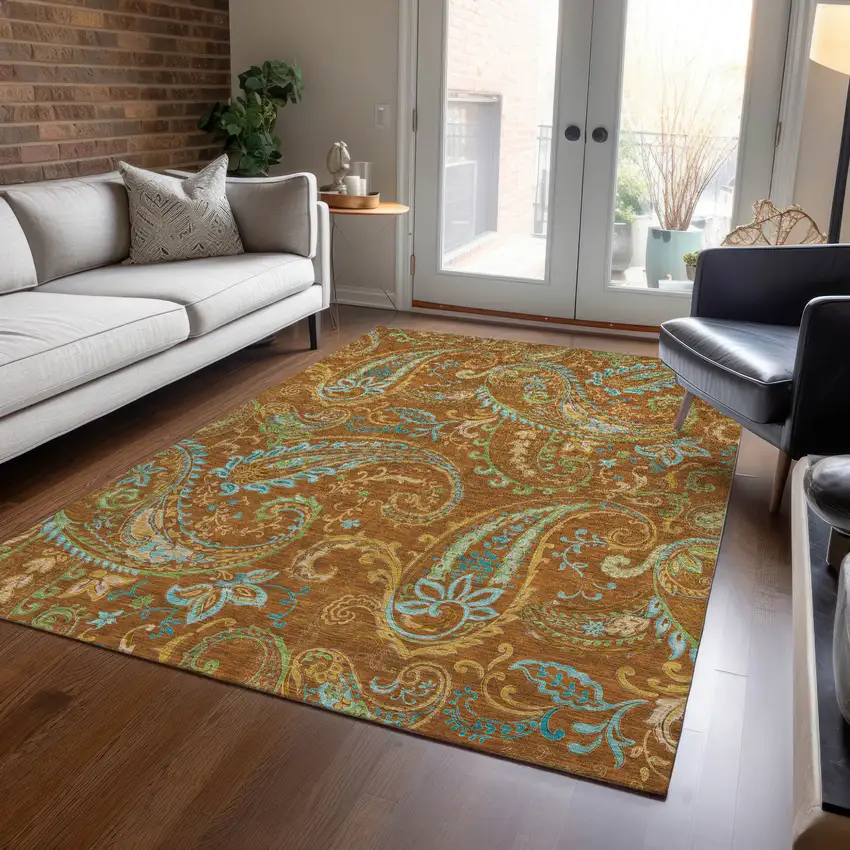 Orange Paisley Washable Non Skid Indoor Outdoor Area Rug Photo 9