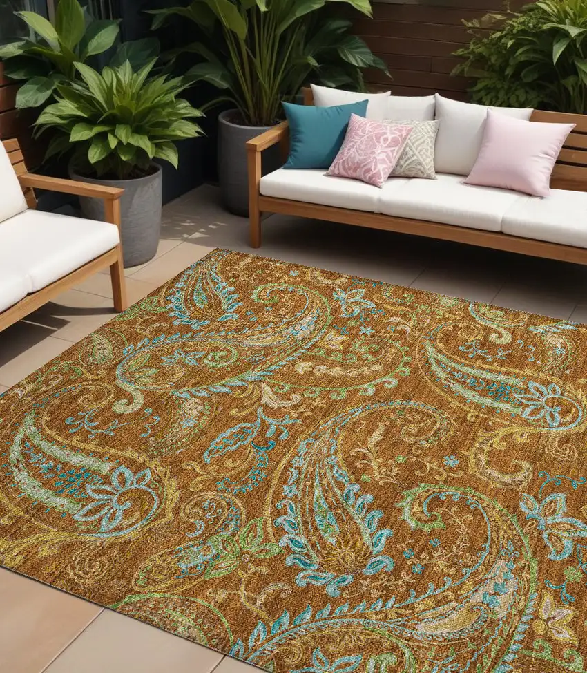 Orange Paisley Washable Non Skid Indoor Outdoor Area Rug Photo 1