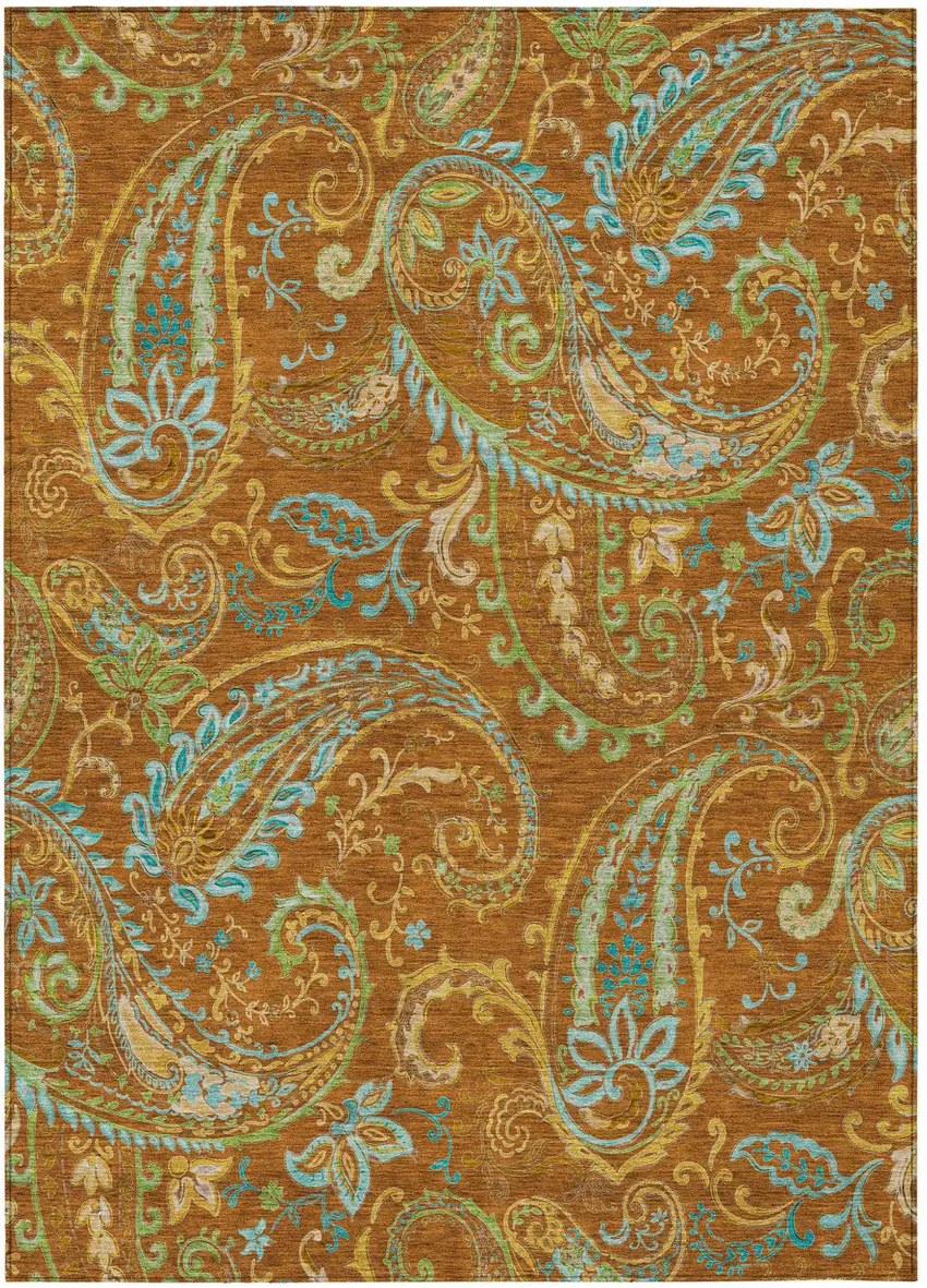 Orange Paisley Washable Non Skid Indoor Outdoor Area Rug Photo 2