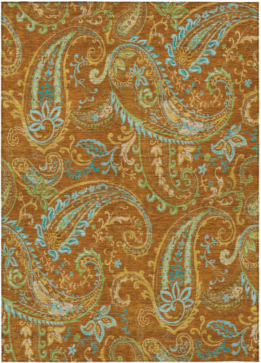 Orange Paisley Washable Non Skid Indoor Outdoor Area Rug Photo 2