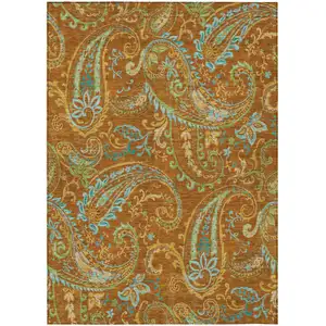 Photo of Orange Paisley Washable Non Skid Indoor Outdoor Area Rug