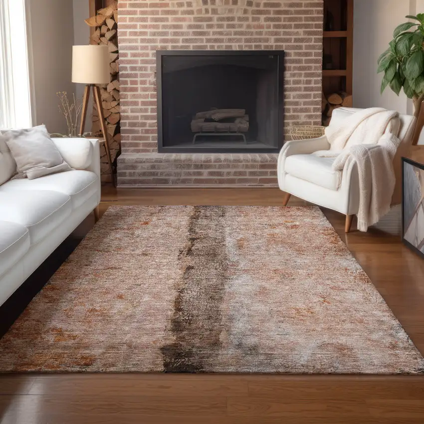 Orange Peach And Brown Abstract Washable Indoor Outdoor Area Rug Photo 8