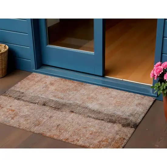 Orange Peach And Brown Abstract Washable Indoor Outdoor Area Rug Photo 1