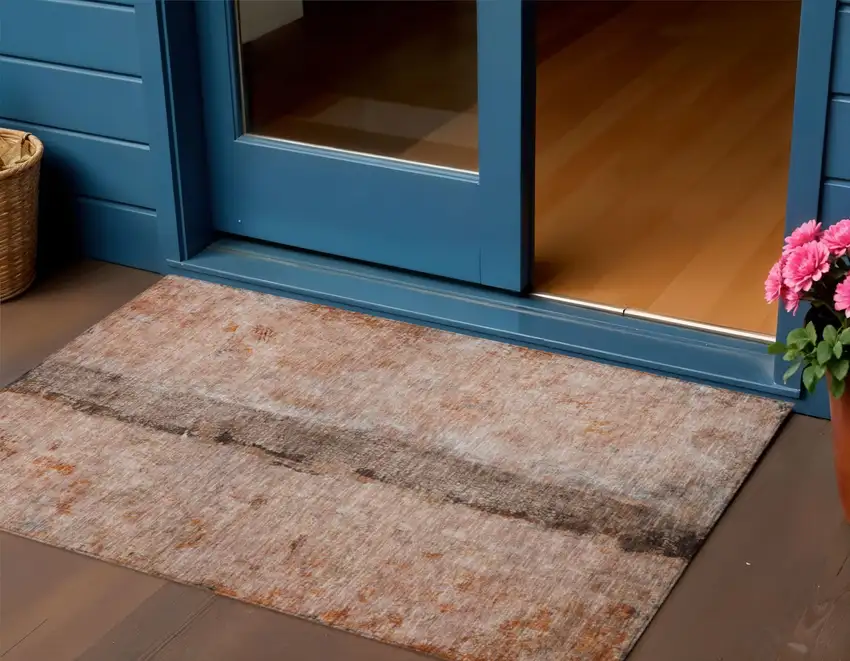 Orange Peach And Brown Abstract Washable Indoor Outdoor Area Rug Photo 1