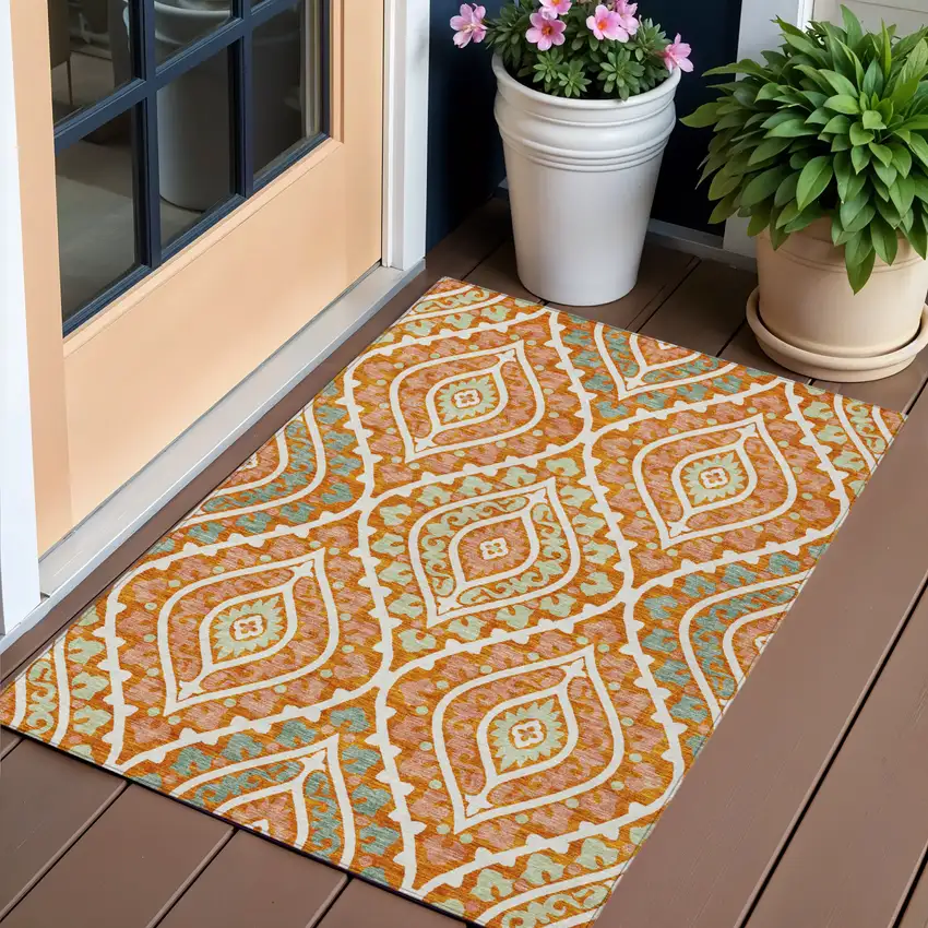 Orange Peach And Ivory Floral Washable Indoor Outdoor Area Rug Photo 1