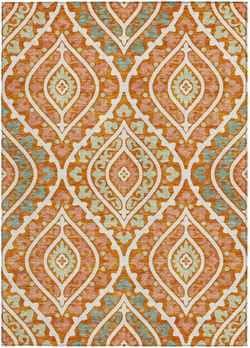 Orange Peach And Ivory Floral Washable Indoor Outdoor Area Rug Photo 5