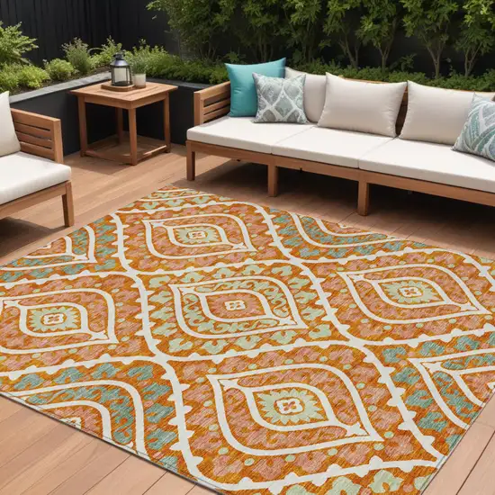 Orange Peach And Ivory Floral Washable Indoor Outdoor Area Rug Photo 1